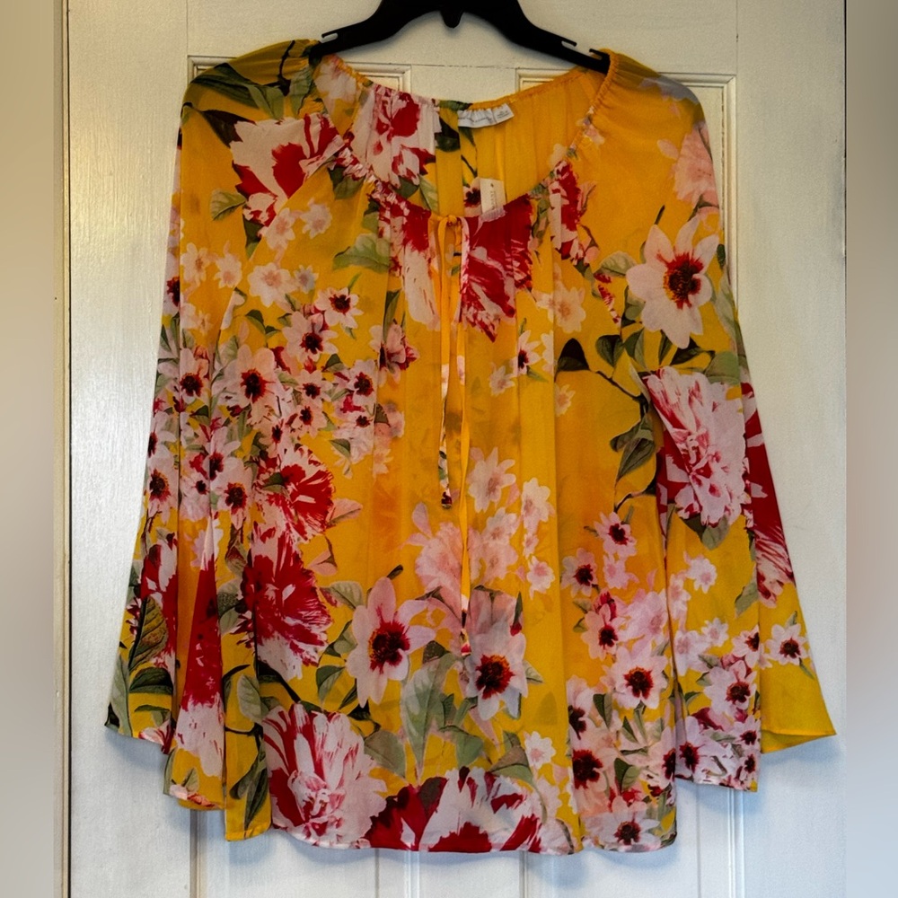 New York & Company Yellow Floral Tie-Front Blouse